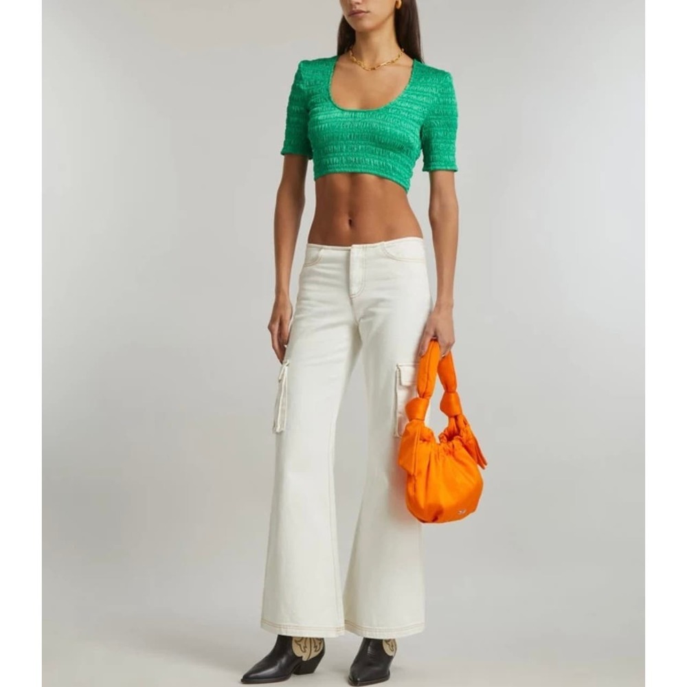 GANNI Shirt Womens 4 Green Cropped Smocked Top Short Sleeve Scoop Neck